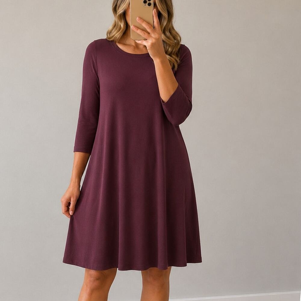 NWT LOFT Outlet🌿Swing Dress Women’s Large Burgundy 3/4 Sleeve Knit Dress
